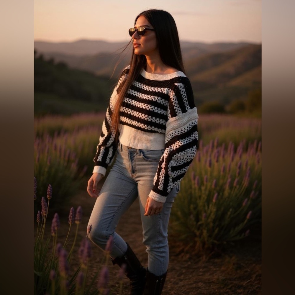 ZARA LIMITED EDITION XL Striped OPENWORK KNIT Boho Sweater BLACK/WHITE Knitted - Picture 3 of 6